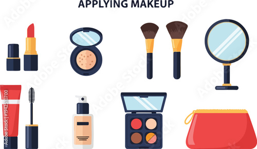 Makeup application illustration featuring lipstick powder brushes mirror mascara foundation eyeshadow palette and cosmetic bag