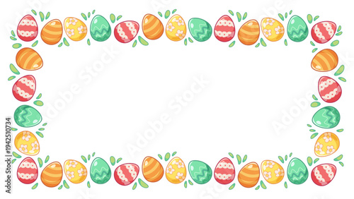 Background with frame of Easter eggs, colorful patterned eggs. Template for festive design, text, Easter greetings
