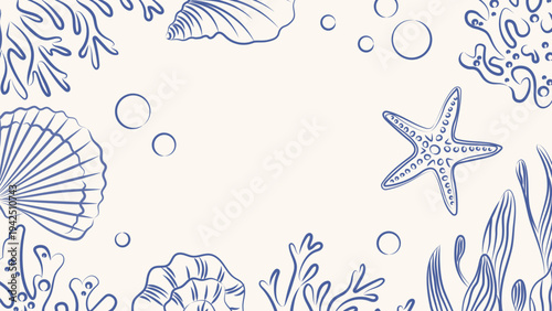 Background with hand drawn corals and shells. Vintage marine background, ocean or seabed. Vector template for design.