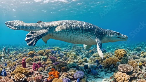 Prehistoric marine reptile swimming over a vibrant coral reef in a Cretaceous ocean reconstruction