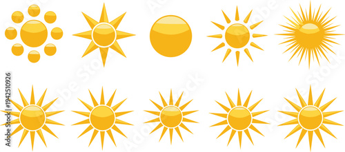 Sun icons collection with different sunburst shapes, bright sunshine symbols isolated weather vector illustration set