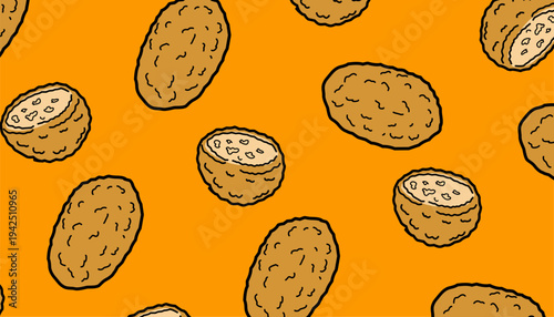 Korokke Seamless Pattern. Japanese Croquette Illustration. Handdrawn Fried Snack. Repeating Streetfood Background. Decorative Food Packaging Design.