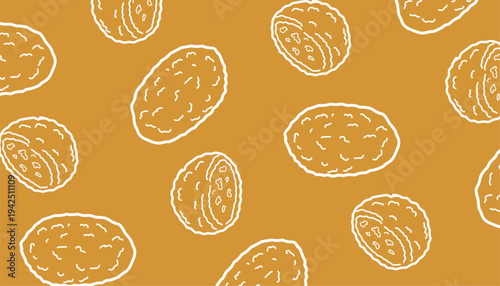 Korokke Seamless Pattern. Japanese Croquette Illustration. Handdrawn Fried Snack. Repeating Streetfood Background. Decorative Food Packaging Design.