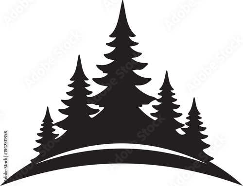 Black silhouette vector illustration of a group of evergreen pine trees with pointed tops, forming a natural forest or mountain landscape design element.