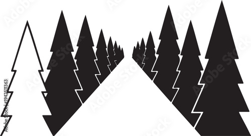 Minimalist Black and White Pine Tree Forest Vector Illustration with Perspective View, Ideal for Nature-Themed Designs and Backgrounds