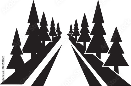 Black and white vector illustration of a straight road receding into the distance, flanked by tall, stylized evergreen pine trees on both sides, creating a perspective view.