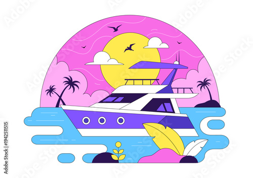 Luxury Yacht Tropical Sunset Seascape Vector Illustration With Ocean Waves, Palm Trees, Summer Vacation Beach Scene, Colorful Marine Travel Design