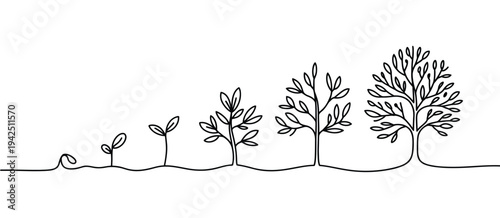 Plant growth stages concept showing transformation from green leaf and small sprout to full natural tree, botanical development process illustration, minimalist vector graphic suitable for ecology