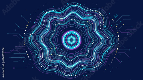 Abstract digital wave pattern with glowing particles and circuits on dark blue background