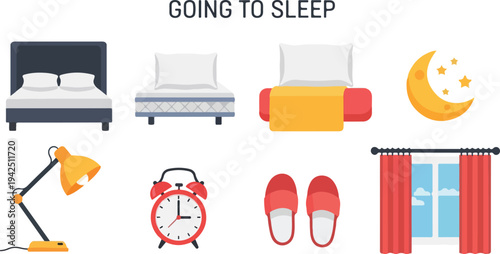 The image displays bedtime elements beds pillows moon stars lamp alarm clock slippers and window with curtains
