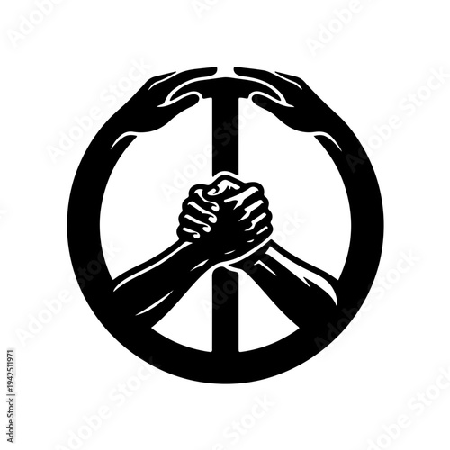 Creative peace symbol formed by two hands shaking, representing human agreement, diplomacy, and the collective construction of global harmony