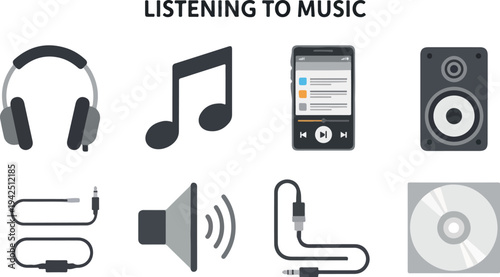 The image features music icons headphones a musical note smartphone speaker cable a speaker and a CD