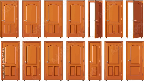 Wooden interior doors collection with different open and closed positions, home entrance door vector illustration set