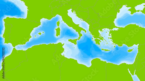 Minimalist Stylized Map of the Mediterranean Sea Region with Green Land and Blue Water Illustration