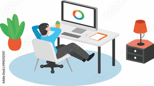 Relaxed businessman analyzing data on computer screen in modern office