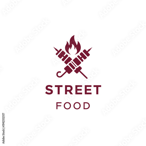 Street food crossed skewers icon with flame symbol isolated on transparent background for bbq logo