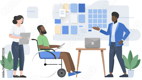 Diverse team collaborating on project with wheelchair accessibility