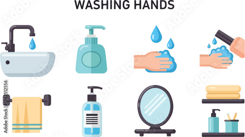Vector illustration depicting steps for washing hands featuring a sink soap hand washing drying and related hygiene items