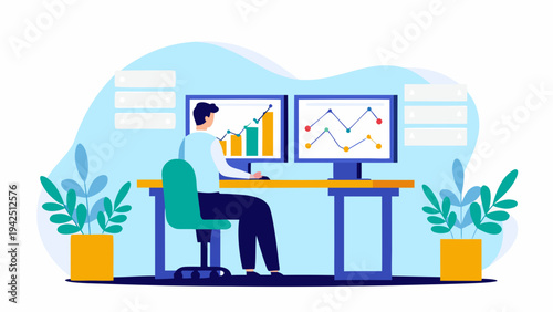 Businessman analyzing data on dual monitors in modern office