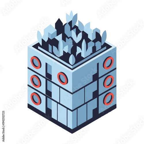 Isometric illustration of a server room with multiple servers and cooling systems.