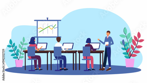 Team discussing business growth in modern office space
