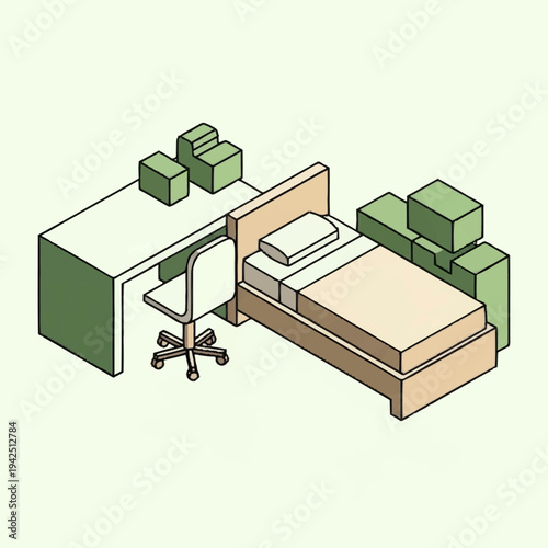 Isometric illustration of a minimalist bedroom with desk and boxes.