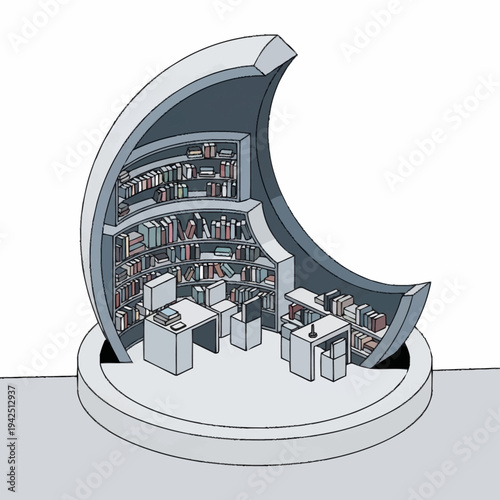 Crescent shaped library with bookshelves and study desks.