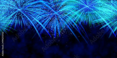 Blue firecracker burst with shimmering sparks on dark smoky bg. Explosion of holiday fireworks with gradient mesh and overlay effects. Vector illustration