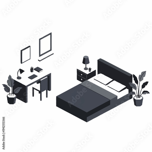 Isometric illustration of a modern bedroom with a desk and office supplies.