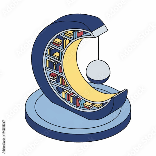 Crescent moon shaped bookshelf with pendulum clock.
