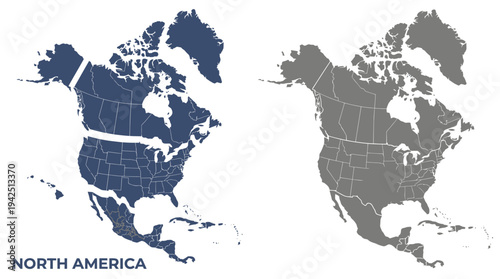 North America Map Vector Set with USA States, Canada Provinces and Mexico Administrative Borders, Infographic Elements on White Background