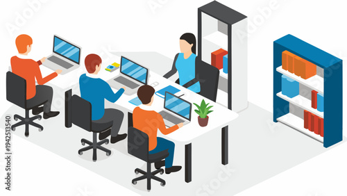 Team of people working together at office desks with laptops