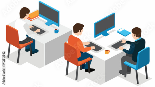 Three coworkers working together at modern office desks