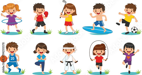 Active kids playing sports collection with football, basketball, karate, boxing and swimming cartoon children vector illustration set