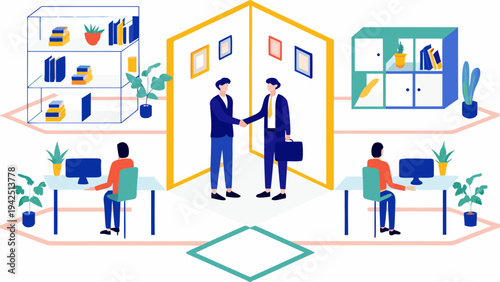 Businessmen shaking hands in modern office space with coworkers