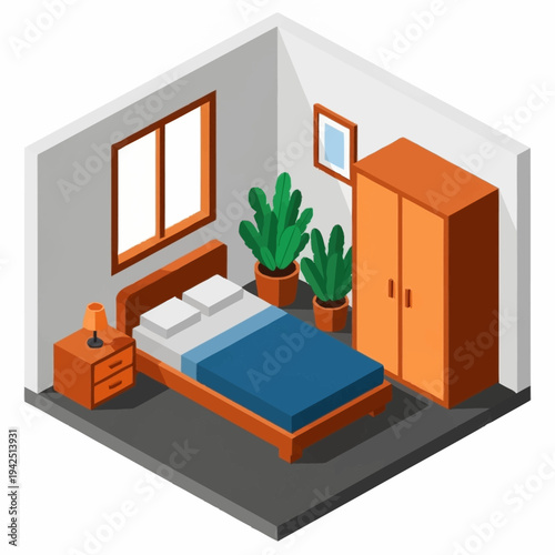 3D illustration of a modern bedroom interior with bed and furniture.