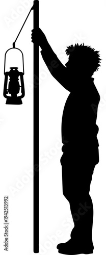 Black Silhouette of a Lamp Lighter Holding a Lantern on a Pole Vector Illustration