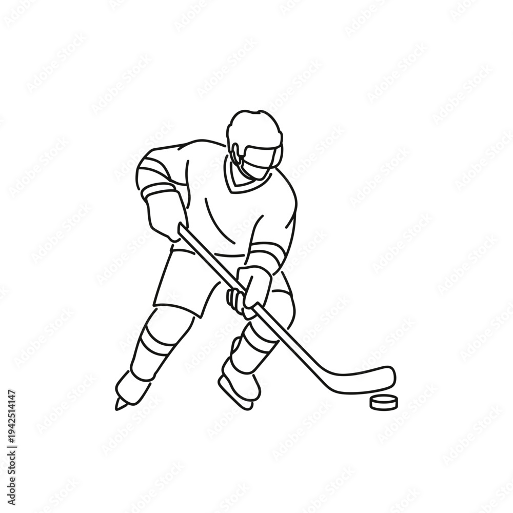 Fototapeta premium Line drawing of a hockey player skating and shooting a puck 