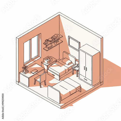Isometric illustration of a modern minimalist bedroom with desk and wardrobe.