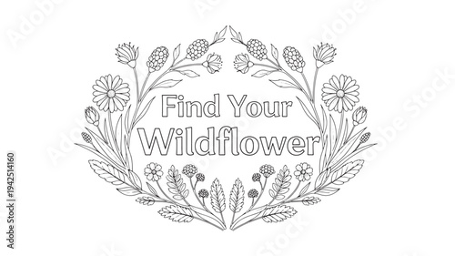 A black and white illustration of a floral wreath with the phrase Find Your Wildflower, ideal for adult coloring books, relaxation, and mindfulness activities, adult coloring page