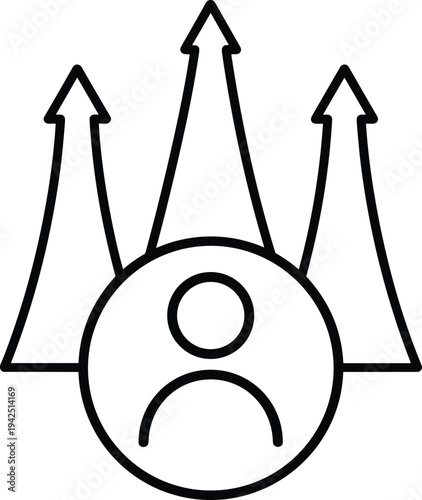 Business growth strategy icon with user profile and upward arrows representing leadership development, career advancement, performance improvement, success planning and professional progress concept