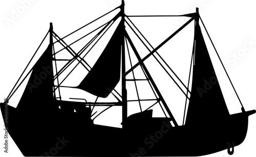 Black Silhouette of a Traditional Sailing Ship with Multiple Masts and Sails Isolated on White Background