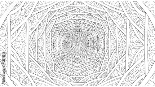 A detailed black and white geometric mandala design on an adult coloring page, perfect for relaxation and creativity, with intricate patterns and shapes.