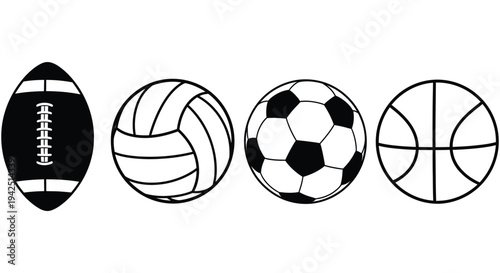 Collection of four essential black and white sports ball vector graphics icons for design projects