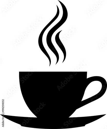 Minimalist Black Silhouette of Steaming Coffee or Tea Cup on Saucer Isolated on White