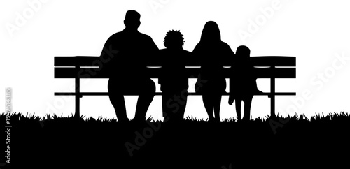 Family Sitting on Park Bench Silhouette – Parents and Child Vector