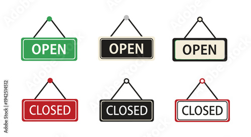 Collection of flat design hanging vector signs illustrating open and closed business status notifications