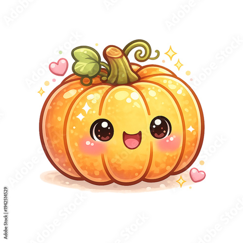 kawaii chibi pumpkin with hearts and stars, adorable pumpkin illustration, cute chibi character design, soft pastel orange and cream palette, big sparkling eyes and rosy cheeks, tiny arms hugging floa