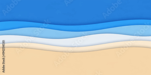 A sunny tropical beach landscape featuring soft sand and blue ocean waves meeting the horizon under a clear summer sky for a serene paradise vacation background