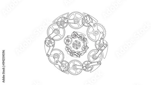 A detailed black and white adult coloring page featuring a mandala design with interconnected gears, perfect for relaxation and creative expression.